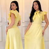 Vestido Midi Feminino com Laço e Manga Babado