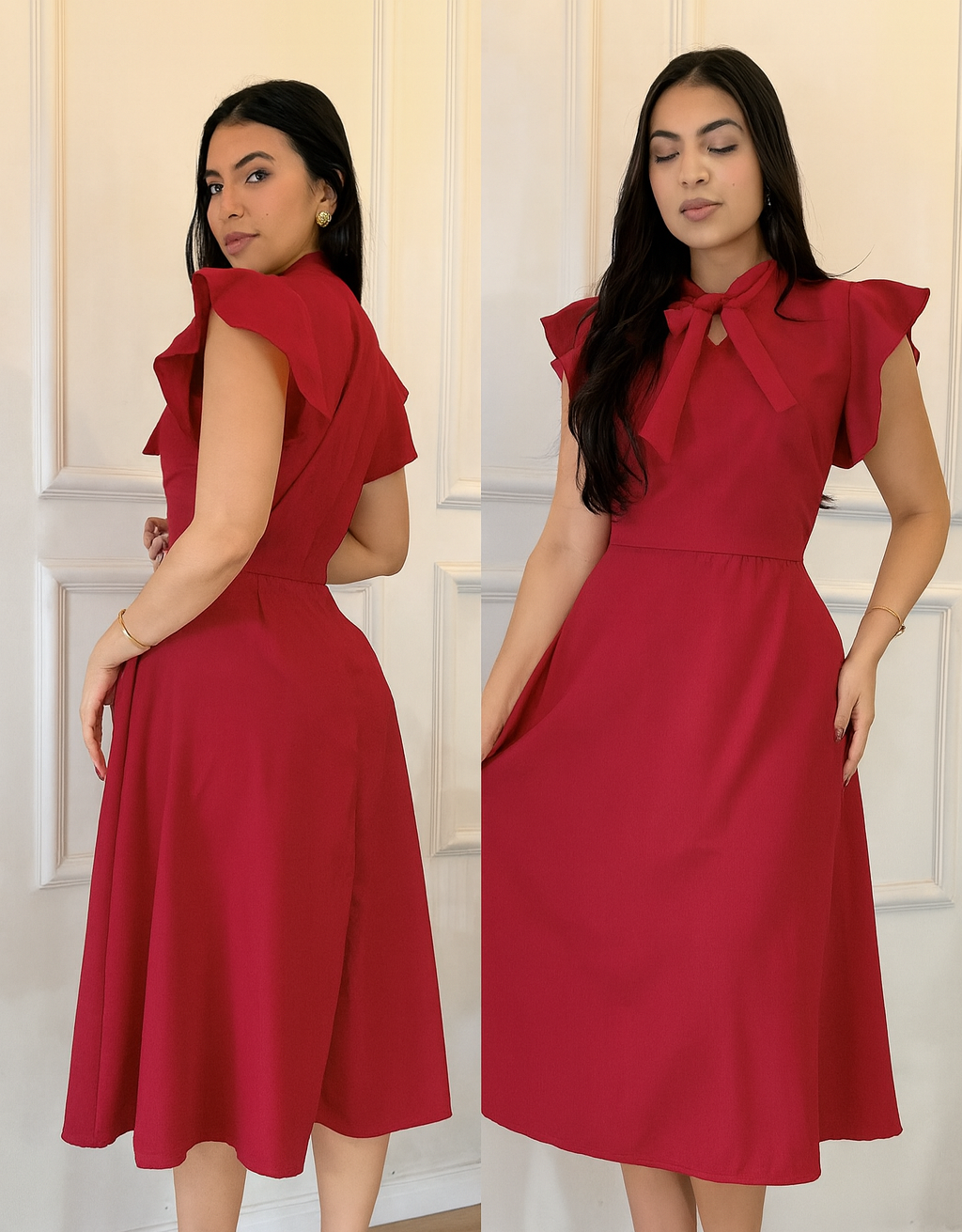 Vestido Midi Feminino com Laço e Manga Babado