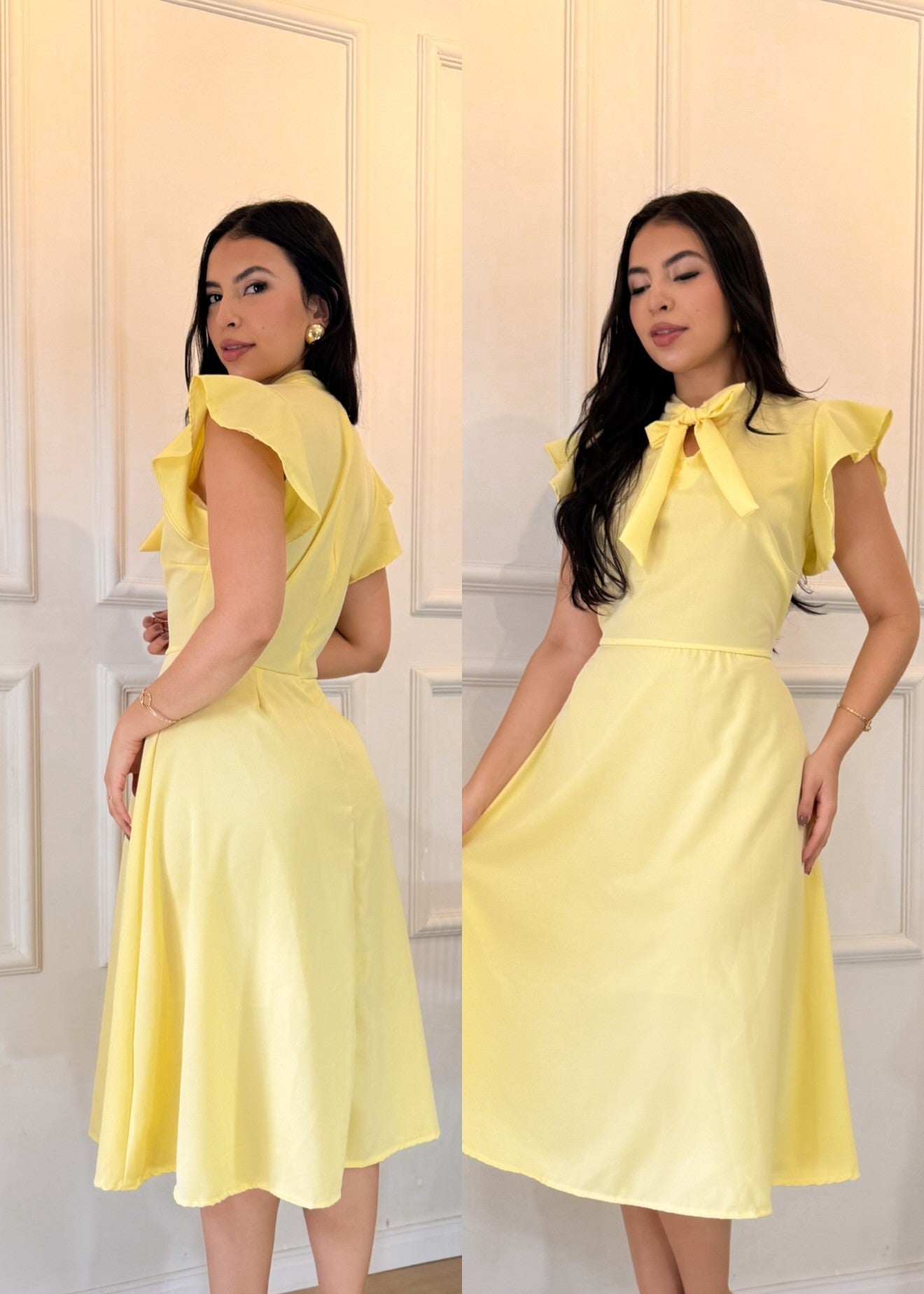 Vestido Midi Feminino com Laço e Manga Babado