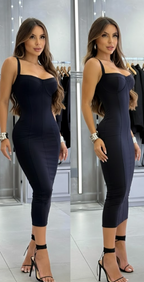 Vestido Midi Tubinho Justo Decote Coração com fenda