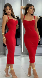 Vestido Midi Tubinho Justo Decote Coração com fenda